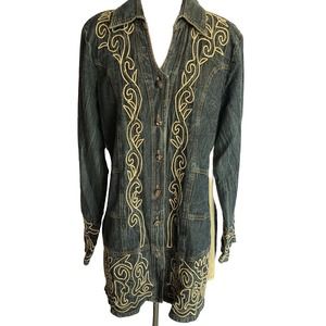 Parsley & Sage Denim Long Jacket Woman Sz L Embellished Cording Applique Western